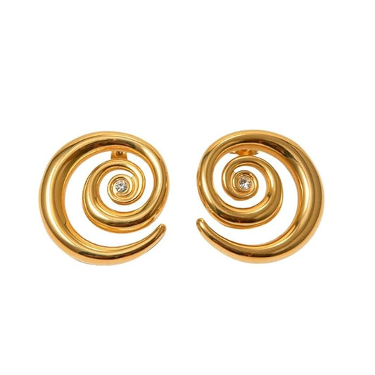 PVD 18K Gold Plated Chunky Gold Swirl Stud Earrings | Diamond Center Coil Design