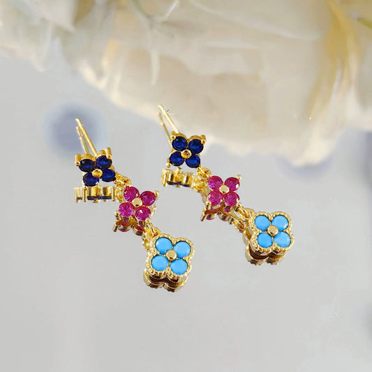 18K Gold Plated Dainty Multi-Color Clover Drop Earrings