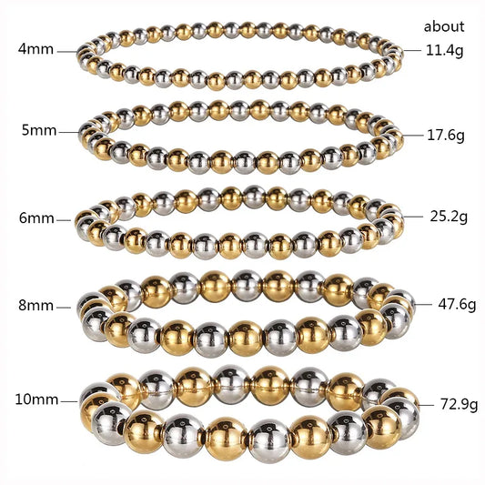18K Gold Plated Waterproof Dual Tone Beaded Bracelet Stack | Gold & Silver Stainless Steel