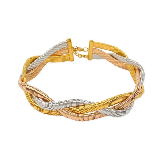 18K Gold Plated Tricolor Braided Snake Choker Necklace