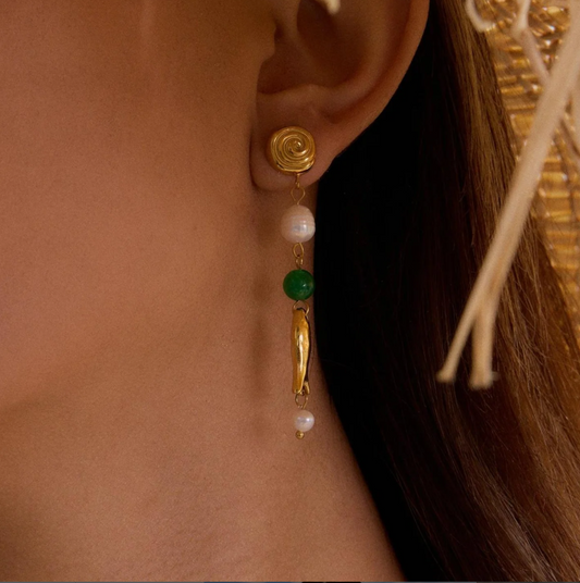 PVD 18K Gold Plated Golden Fish & Pearl Dangle Earrings