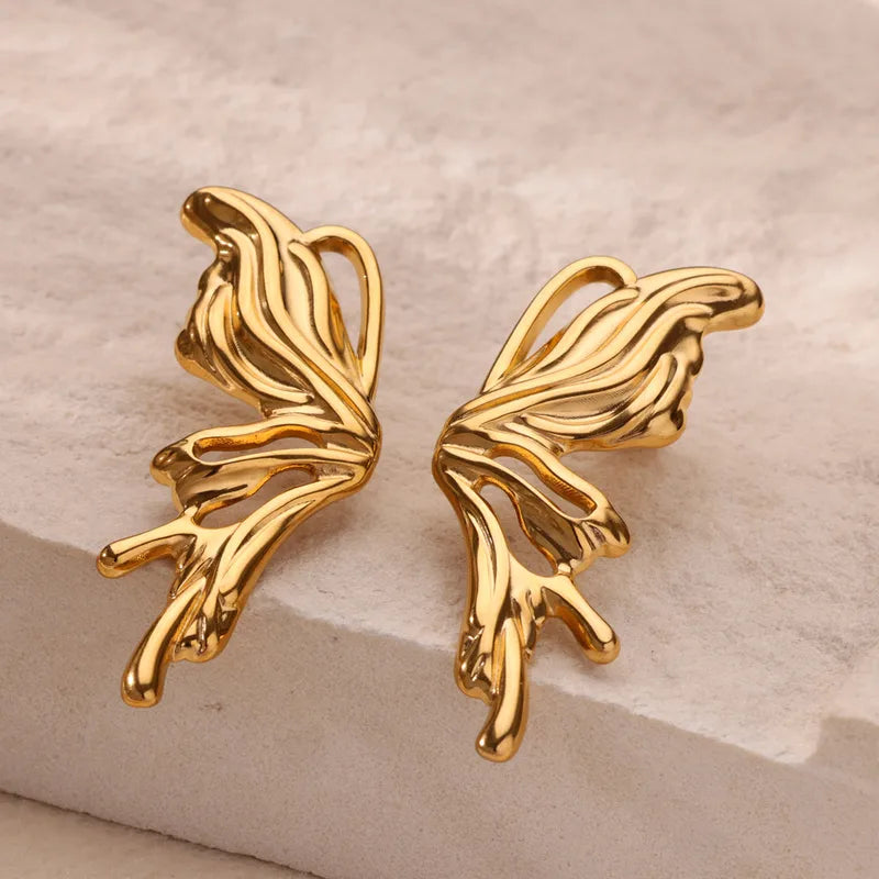 18k Gold Plated Butterfly Wing Earrings | Waterproof Stainless Steel Studs