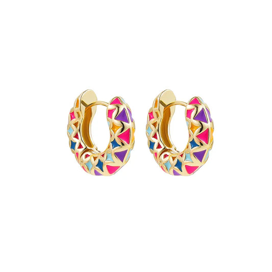 18K Gold Plated Simple Geometric Enamel Multicolored Hoop Earrings