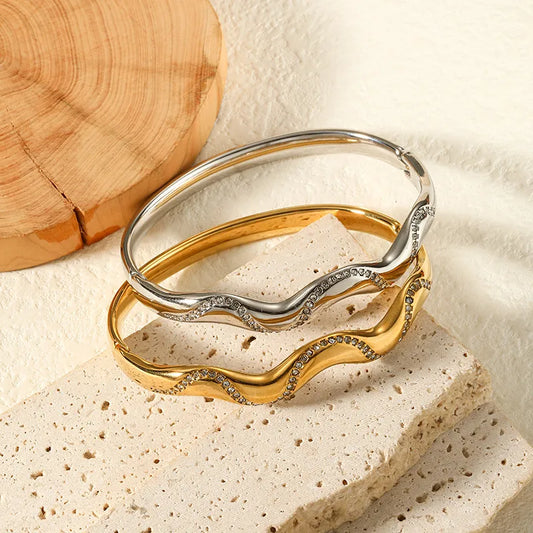 18k Gold Plated Waterproof Wave Bangle | Pave CZ Stainless Steel Bracelet