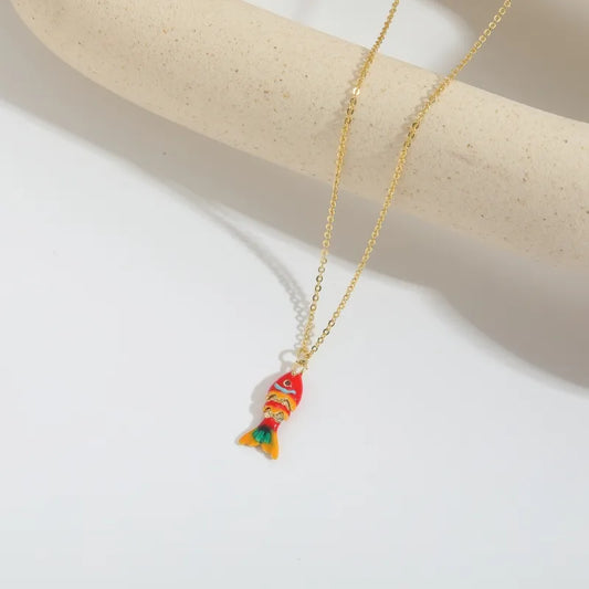 Non-Tarnish Stainless Steel Red Fish Necklace | Durable 18k Gold Plated Enamel