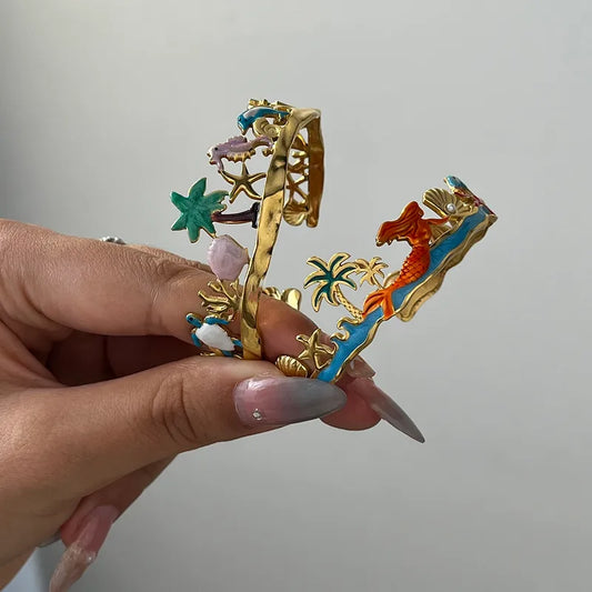 18k Gold Waterproof Tropical Bracelet | Mermaid & Palm Tree Stainless Steel