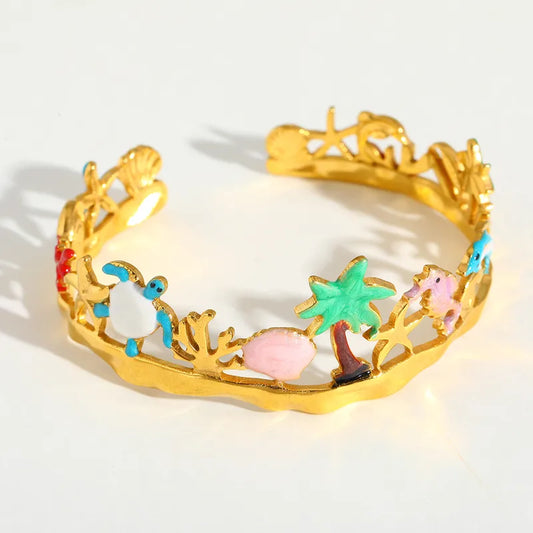 18k Gold Waterproof Tropical Bracelet | Mermaid & Palm Tree Stainless Steel