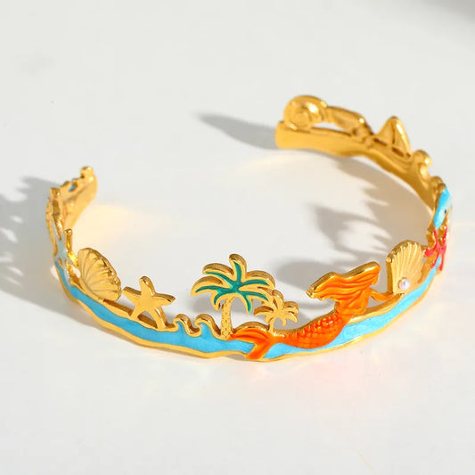 18k Gold Waterproof Tropical Bracelet | Mermaid & Palm Tree Stainless Steel