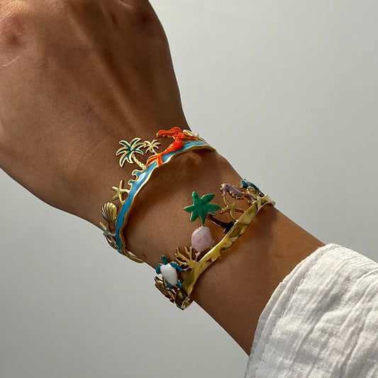 18k Gold Waterproof Tropical Bracelet | Mermaid & Palm Tree Stainless Steel