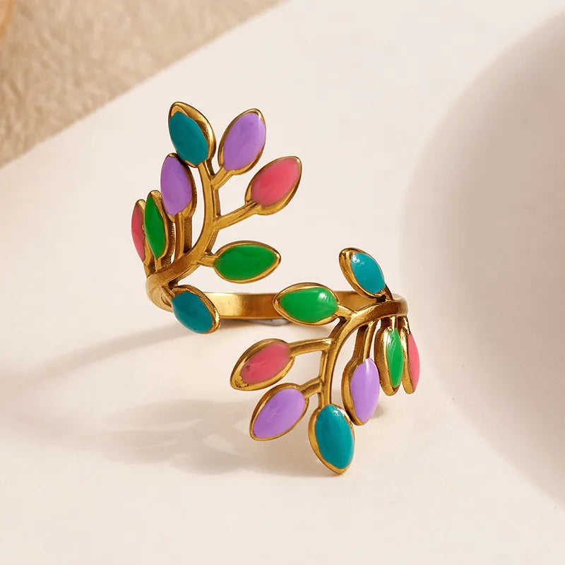18K Gold Plated Geometric Leaf Drop Enameled Ring