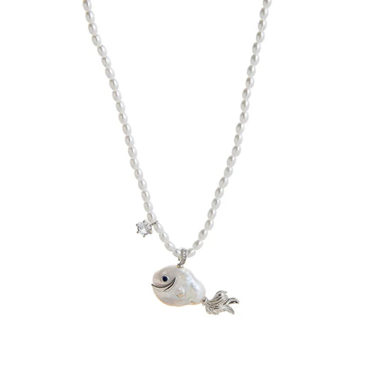 18K Gold Plated Pearly Fish Silver Pendant Necklace
