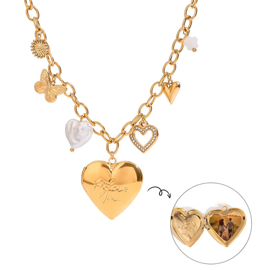 PVD 18K Gold Plated Love Photo Locket Charms Necklace