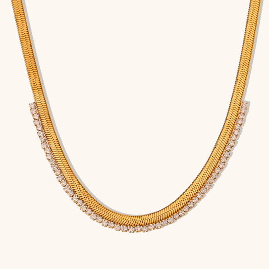18K Gold Plated Zirconia Herringbone Studded Necklace