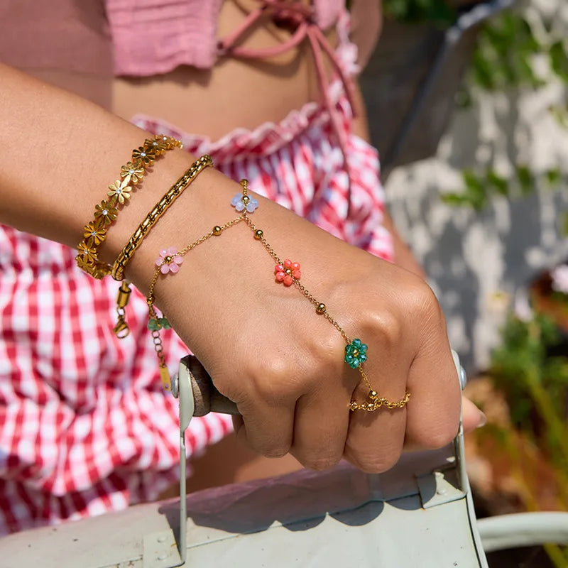 18K Gold Plated Crystal Flower Finger Chain Bracelet
