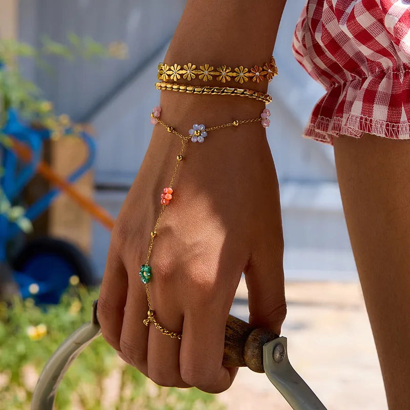 18K Gold Plated Crystal Flower Finger Chain Bracelet