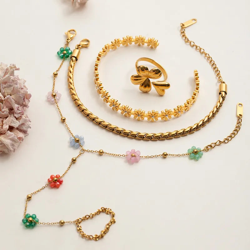 18K Gold Plated Crystal Flower Finger Chain Bracelet