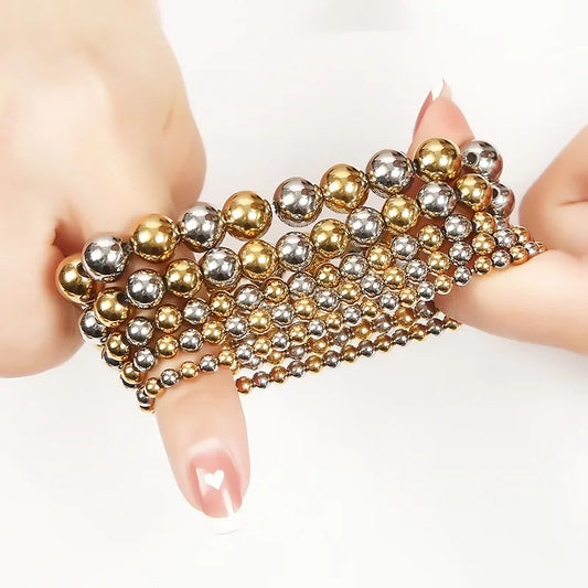 18K Gold Plated Waterproof Dual Tone Beaded Bracelet Stack | Gold & Silver Stainless Steel