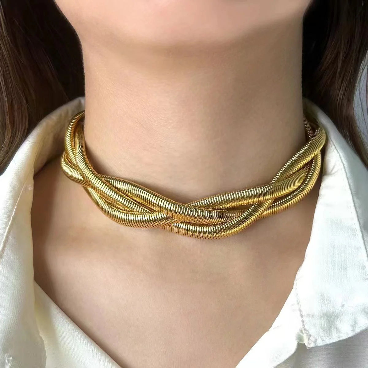18K Gold Plated Stainless Steel Snake Braided Twisted Necklace