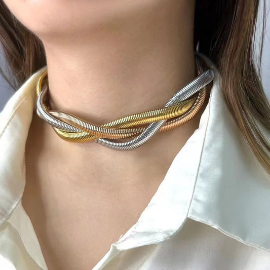 18K Gold Plated Tricolor Braided Snake Choker Necklace