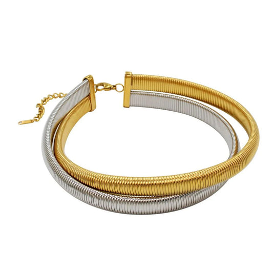 18K Gold Plated Dual Tone Dual Wrap Layer Snake Choker Necklace
