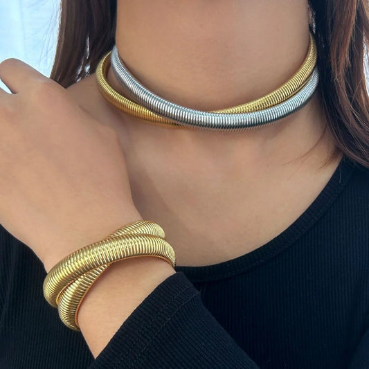 18K Gold Plated Dual Tone Dual Wrap Layer Snake Choker Necklace