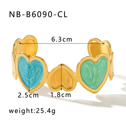 PVD 18K Gold Plated Enamel Multicolored Heart Wide Bracelet