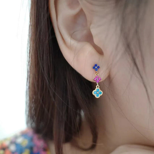 18K Gold Plated Dainty Multi-Color Clover Drop Earrings