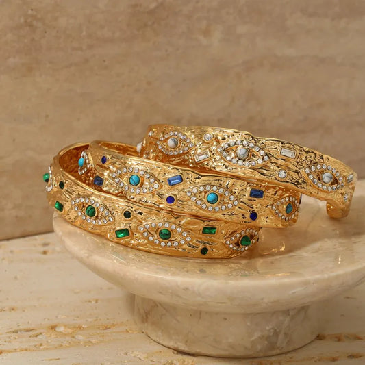 PVD 18K Waterproof Gemstone Cuff Bracelet | Evil Eye & Colorful Pave Gold Bangle