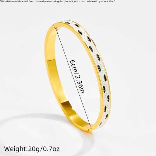 18K Gold Plated Evil Eye Pattern Stainless Steel Cuff Bracelet Bangle (white blue)
