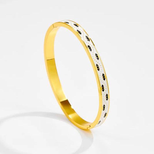 18K Gold Plated Evil Eye Pattern Stainless Steel Cuff Bracelet Bangle (white blue)