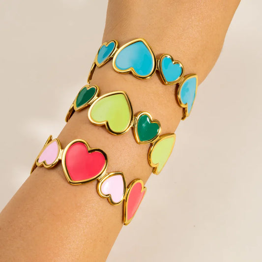 PVD 18K Gold Plated Enamel Multicolored Heart Wide Bracelet