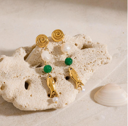 PVD 18K Gold Plated Golden Fish & Pearl Dangle Earrings