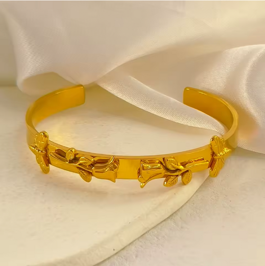 18k Gold Plated Stainless Steel Cuff Bracelet with Dragonfly & Rose