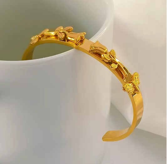 18k Gold Plated Stainless Steel Cuff Bracelet with Dragonfly & Rose