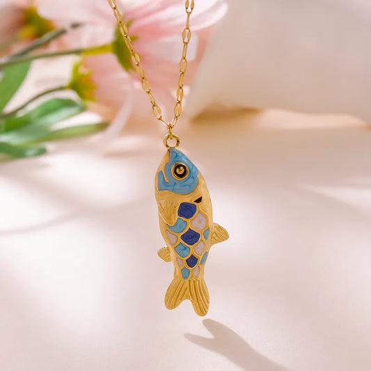 18K Gold Plated Stainless Steel Blue Colored Enamel Sea Fish Necklace