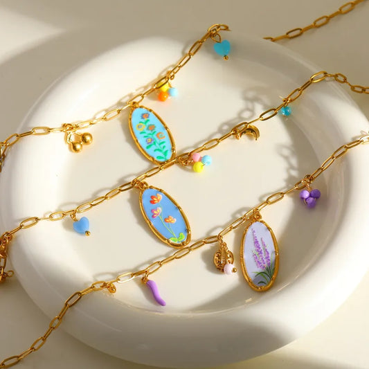 18K Gold Plated Enamel Sweet Fresh Flower Pattern Pendant Necklace