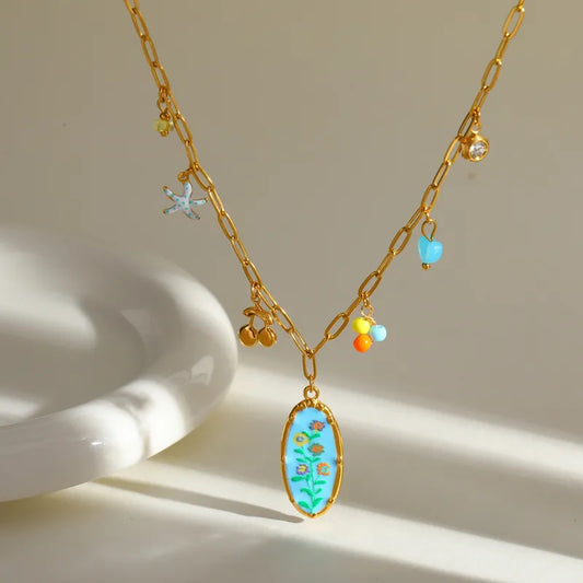 18K Gold Plated Enamel Sweet Fresh Flower Pattern Pendant Necklace