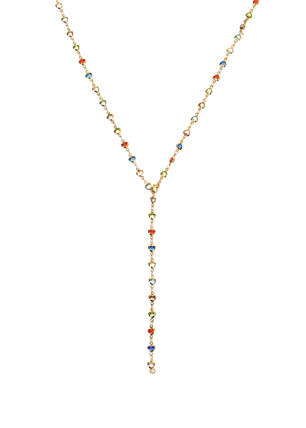 Close-up of multicolor heart charms on gold plated Y lariat necklace
