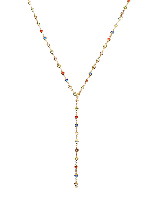 Close-up of multicolor heart charms on gold plated Y lariat necklace
