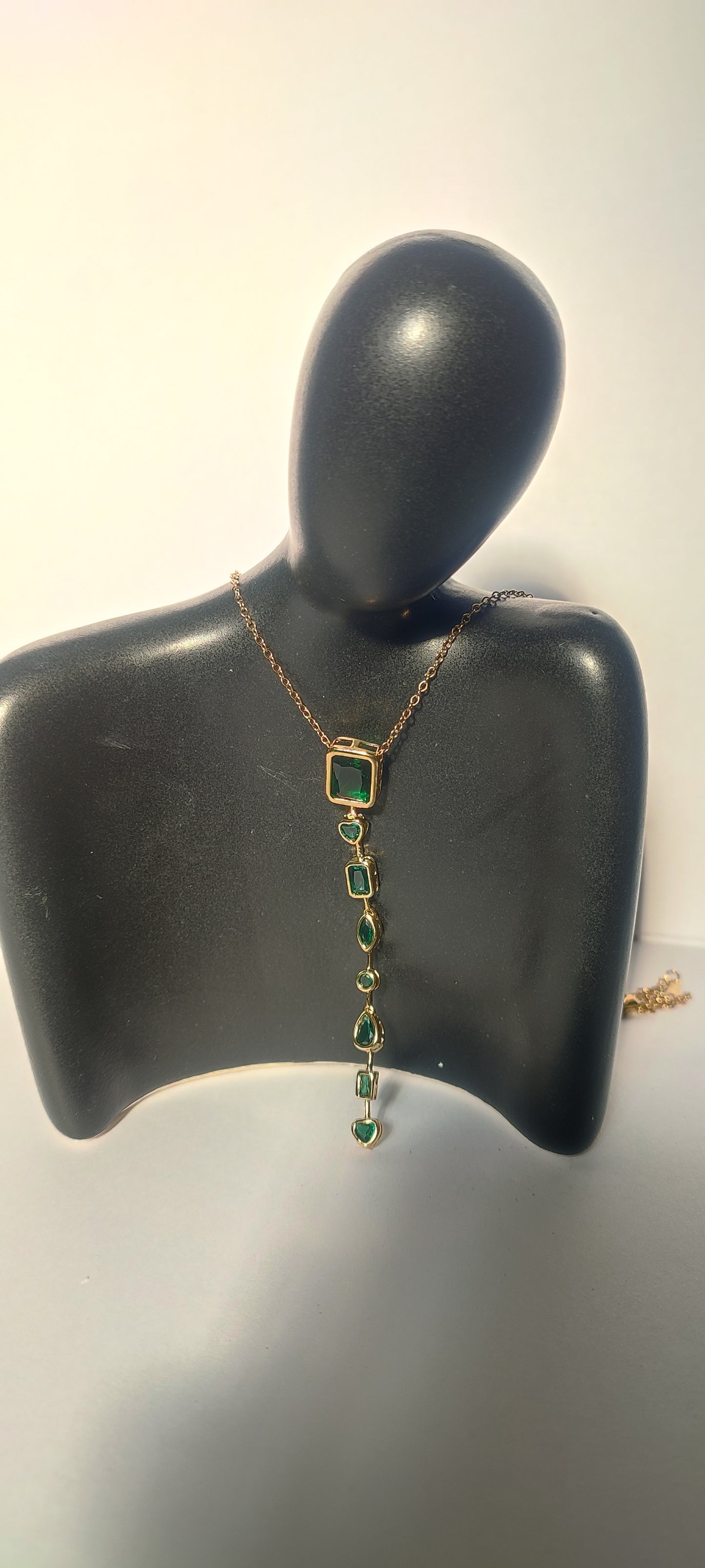 18K Gold Plated Emerald Green Stone Y Necklace | Adjustable Lariat | Waterproof
