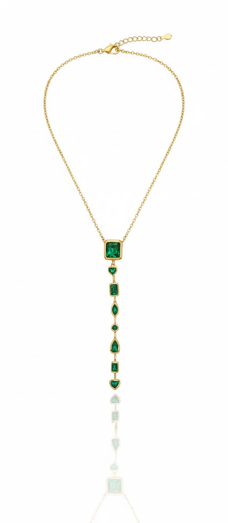 18K Gold Plated Emerald Green Stone Y Necklace | Adjustable Lariat | Waterproof