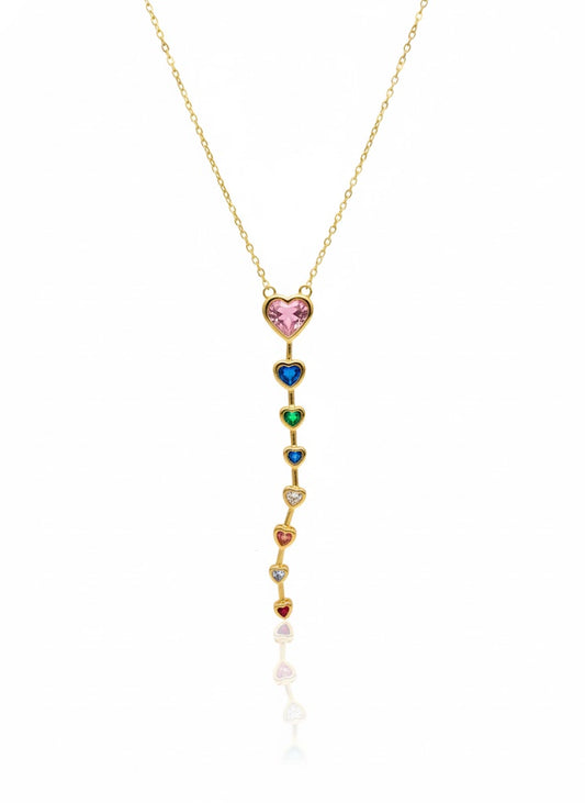 18K Gold Plated Multicolor Heart Y Necklace | Adjustable Lariat | Waterproof