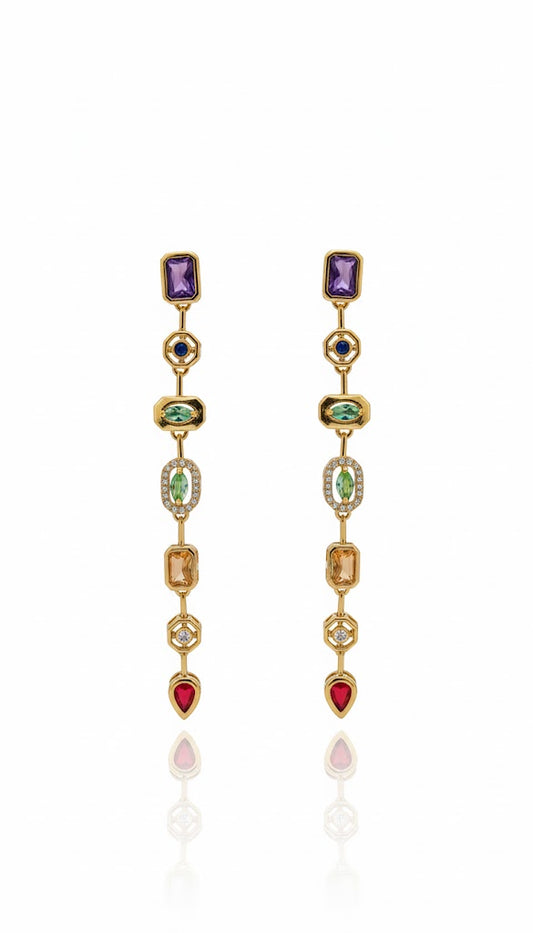 Multi-Gemstone Long Drop Earrings – 18K Gold Plated Waterproof