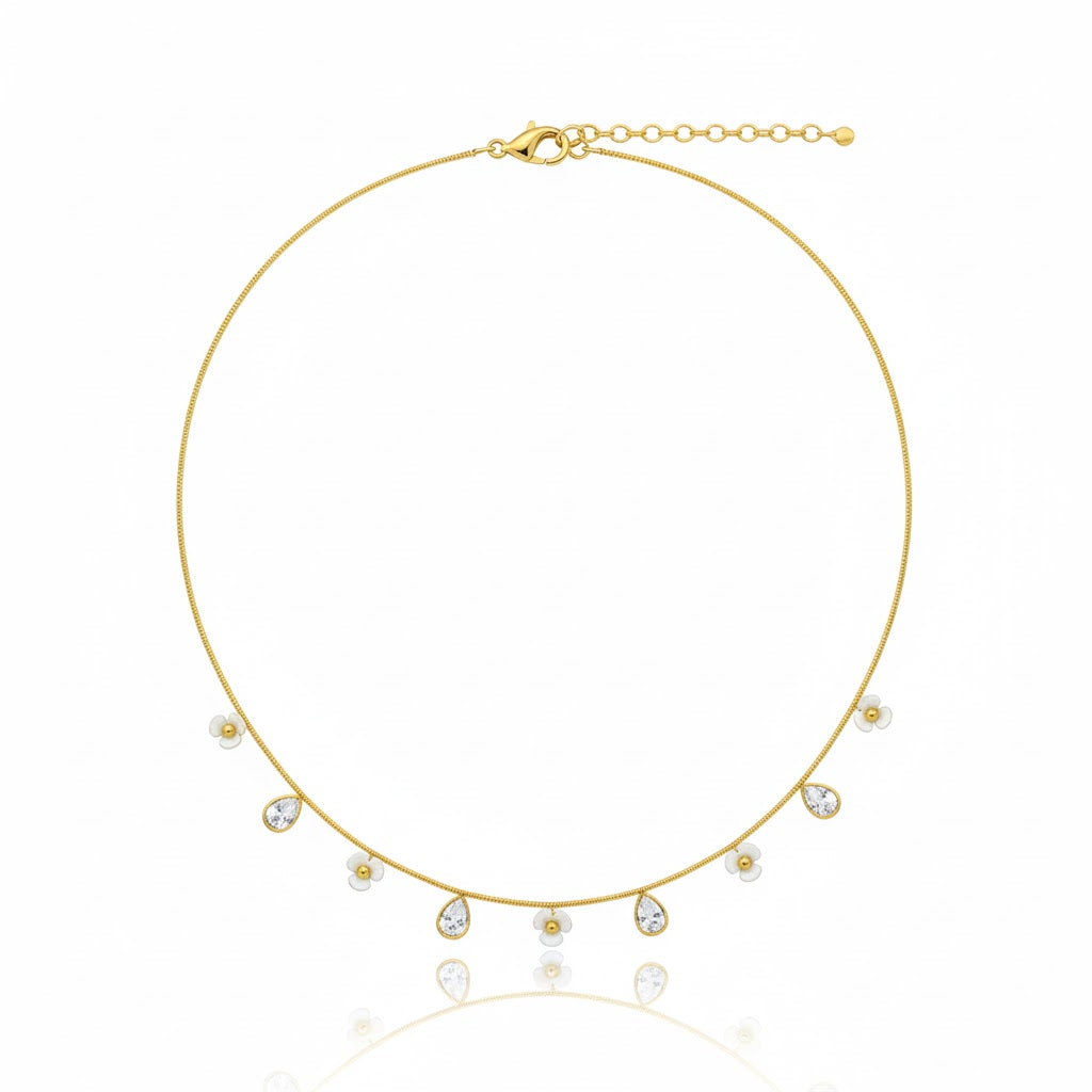 18K Gold Plated White Enamel Flower Necklace with Cubic Zirconia
