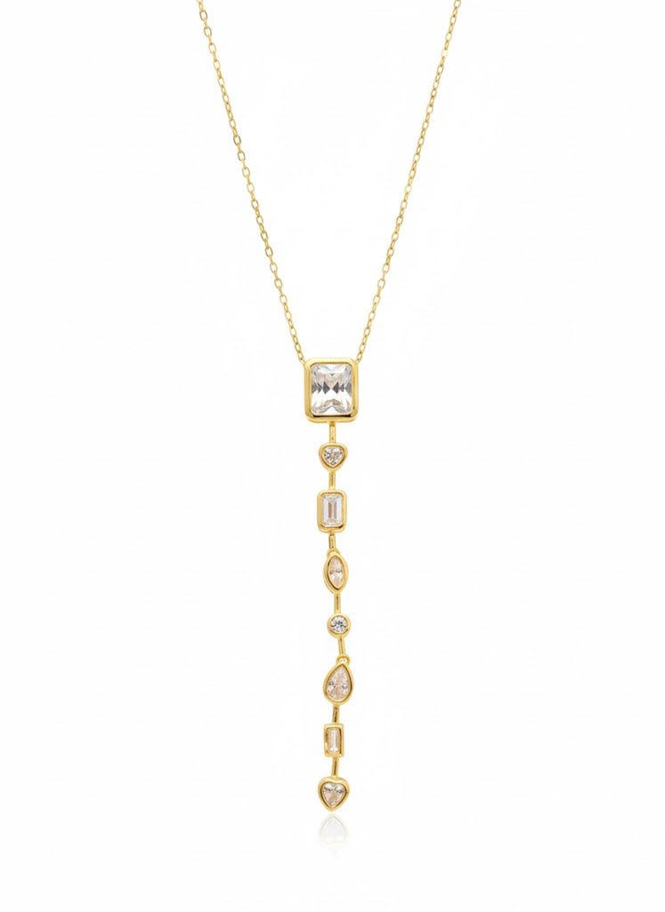 18K Gold Plated Multi-Shape Diamond Y Necklace | Adjustable Lariat | Waterproof