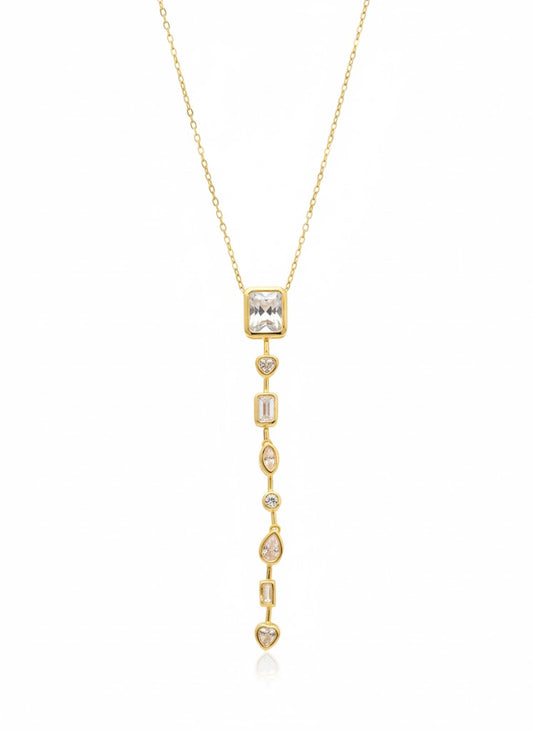 18K Gold Plated Multi-Shape Diamond Y Necklace | Adjustable Lariat | Waterproof