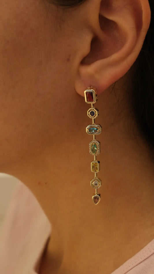 Multi-Gemstone Long Drop Earrings – 18K Gold Plated Waterproof