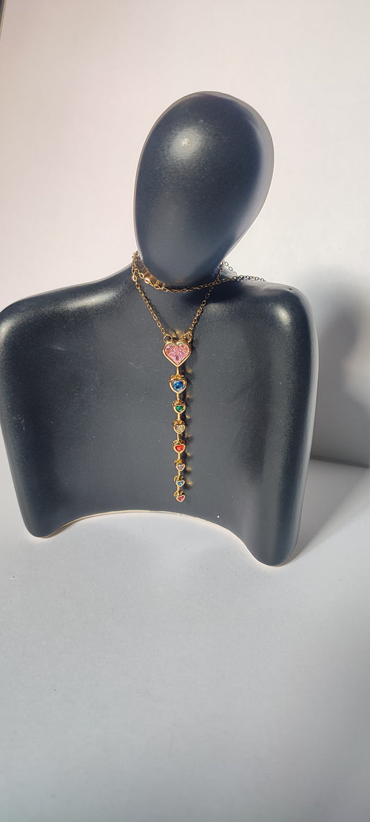 18K Gold Plated Multicolor Heart Y Necklace | Adjustable Lariat | Waterproof