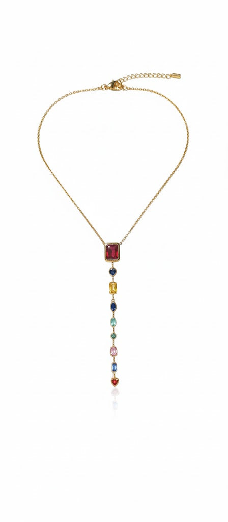 18K Gold Plated Rainbow Geometric Y Necklace | Adjustable Lariat | Waterproof