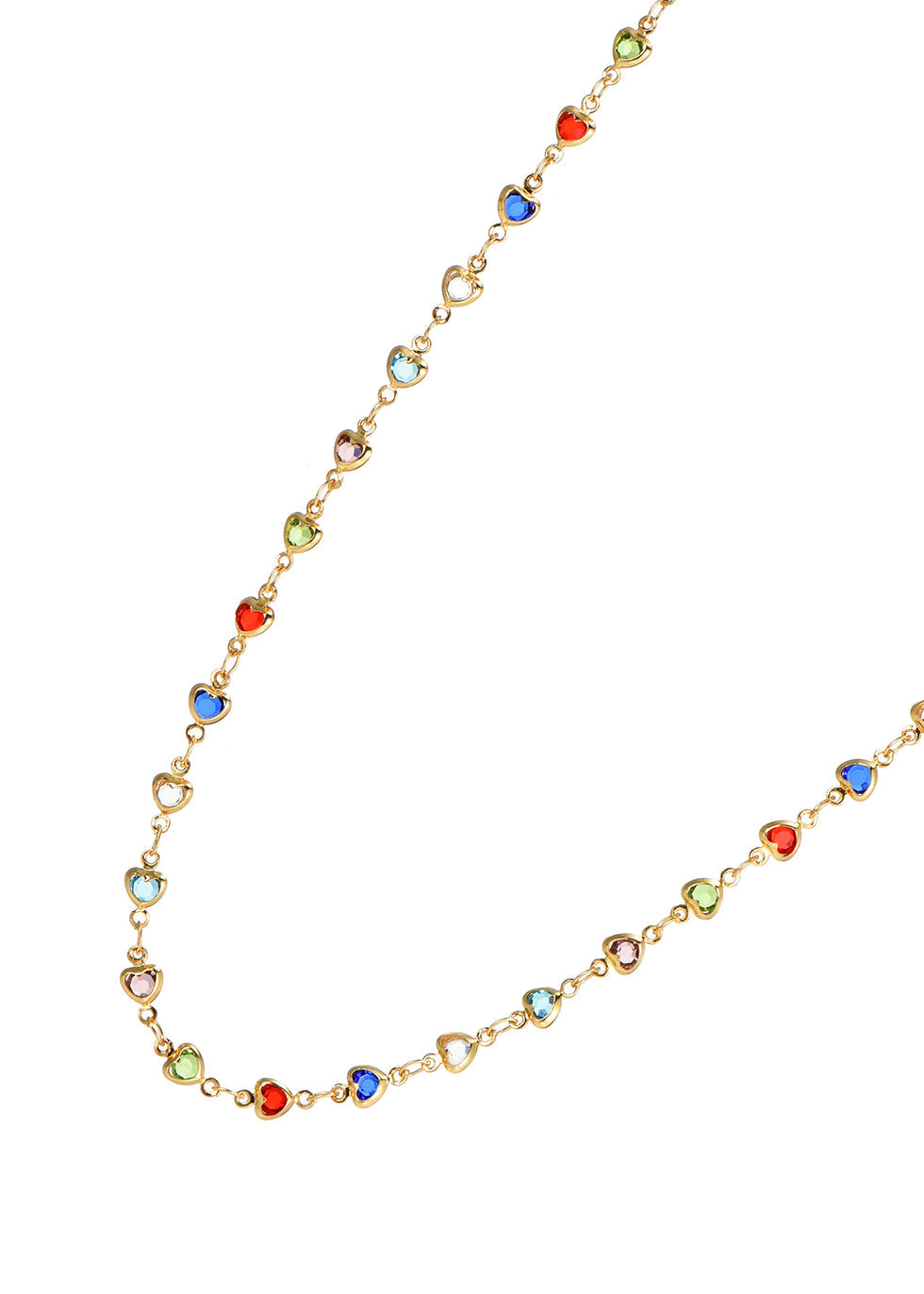 Side view of multicolor heart Y necklace gold plated stainless steel
